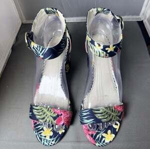 1901 Ellery Ankle Strap Block Heel Sandals Navy Hawaii Tropical Floral Print